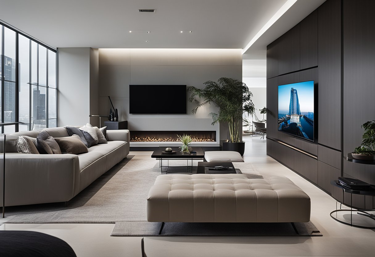 A sleek, minimalist room with clean lines and modern furniture. A large wall-mounted TV displays a list of "Frequently Asked Questions" related to interior design