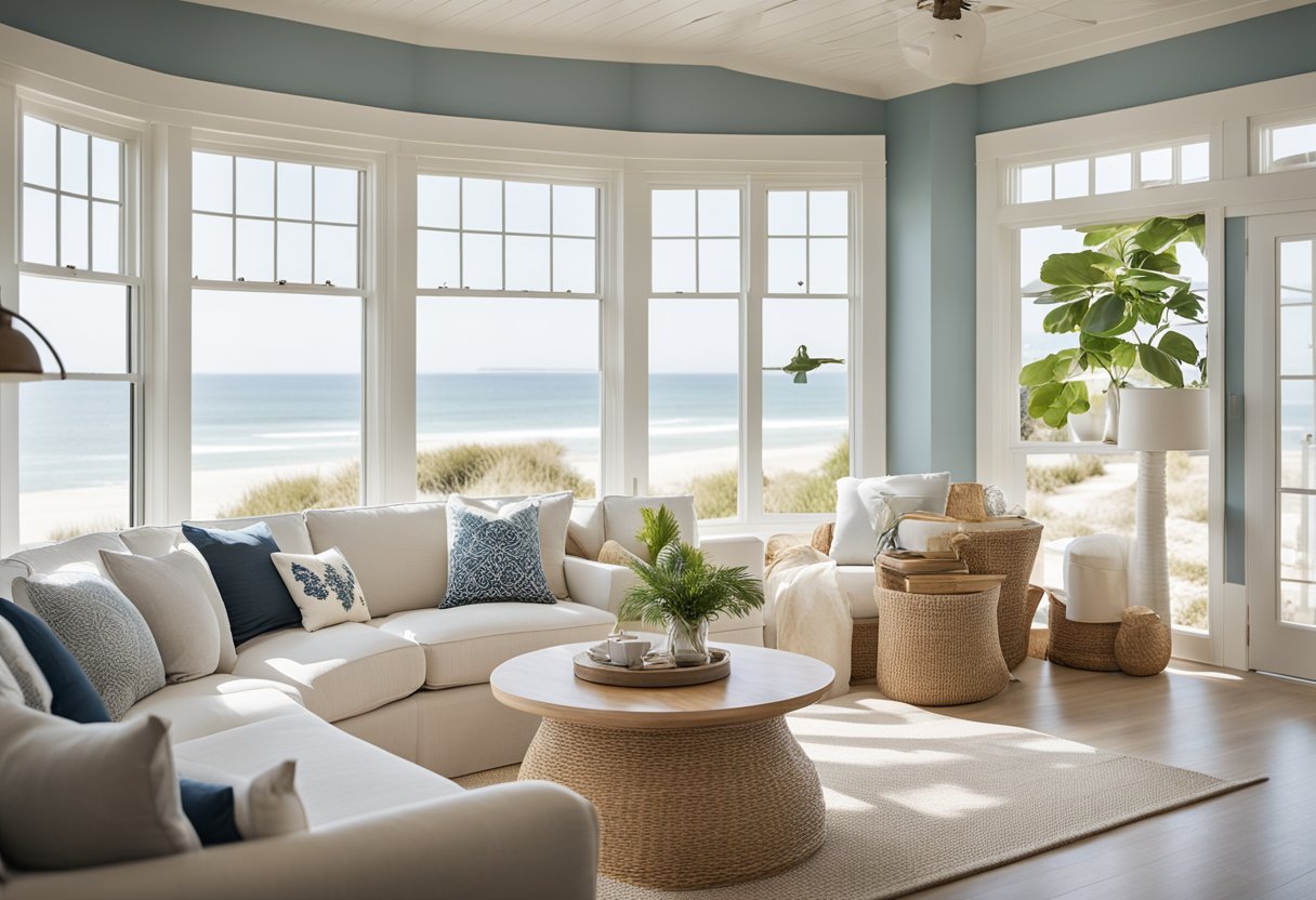A bright, airy beach house interior with natural materials, white-washed wood, and nautical accents. Large windows let in plenty of natural light, while comfortable, casual furnishings create a relaxed and inviting atmosphere