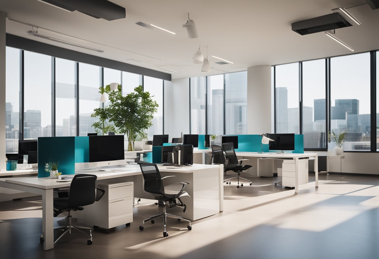 A modern, minimalist office space with sleek furniture, clean lines, and pops of color. A large window lets in natural light, illuminating the space