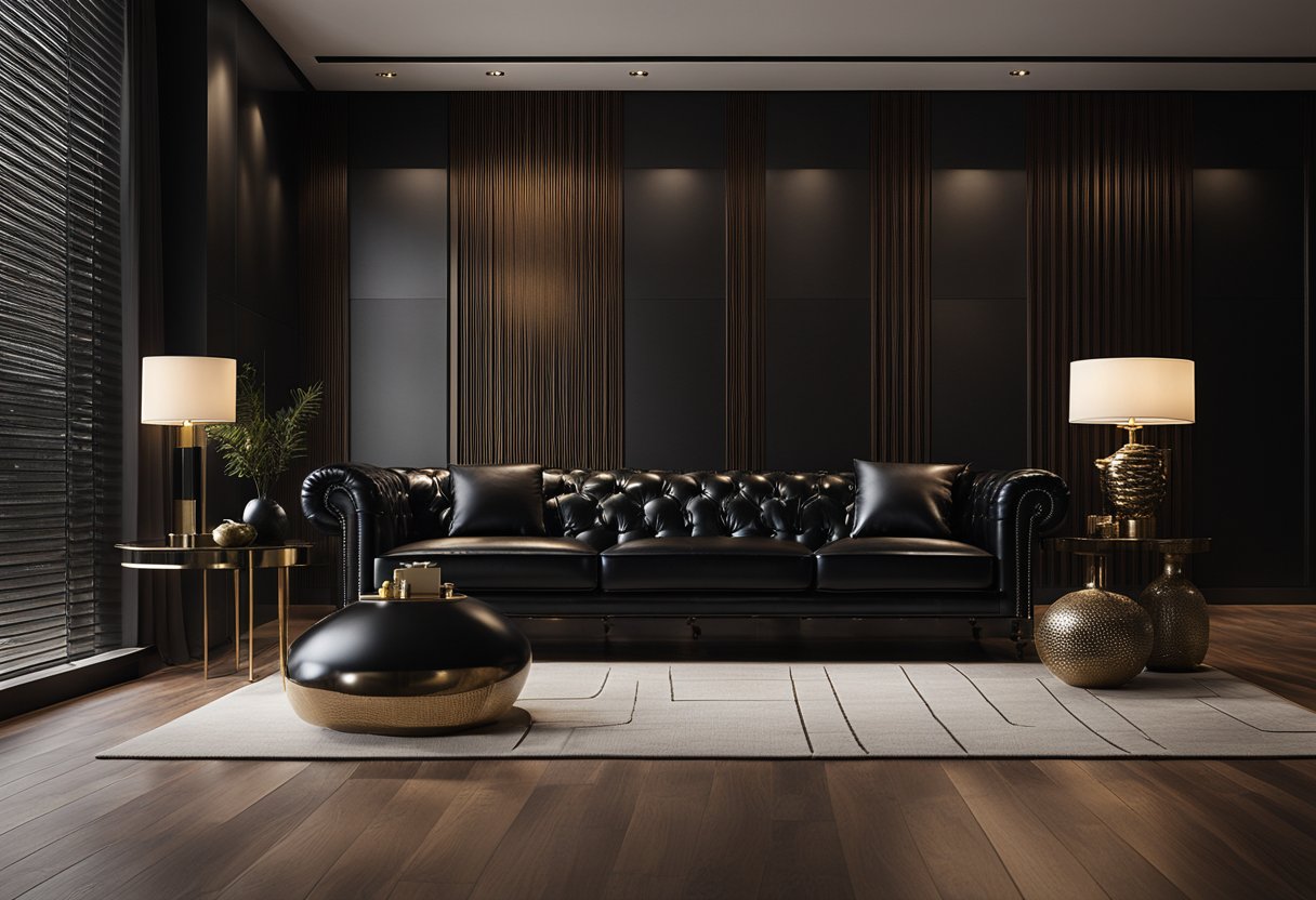 A sleek black leather sofa sits against a backdrop of rich, dark wood paneling. The room is accented with metallic fixtures and minimalist decor