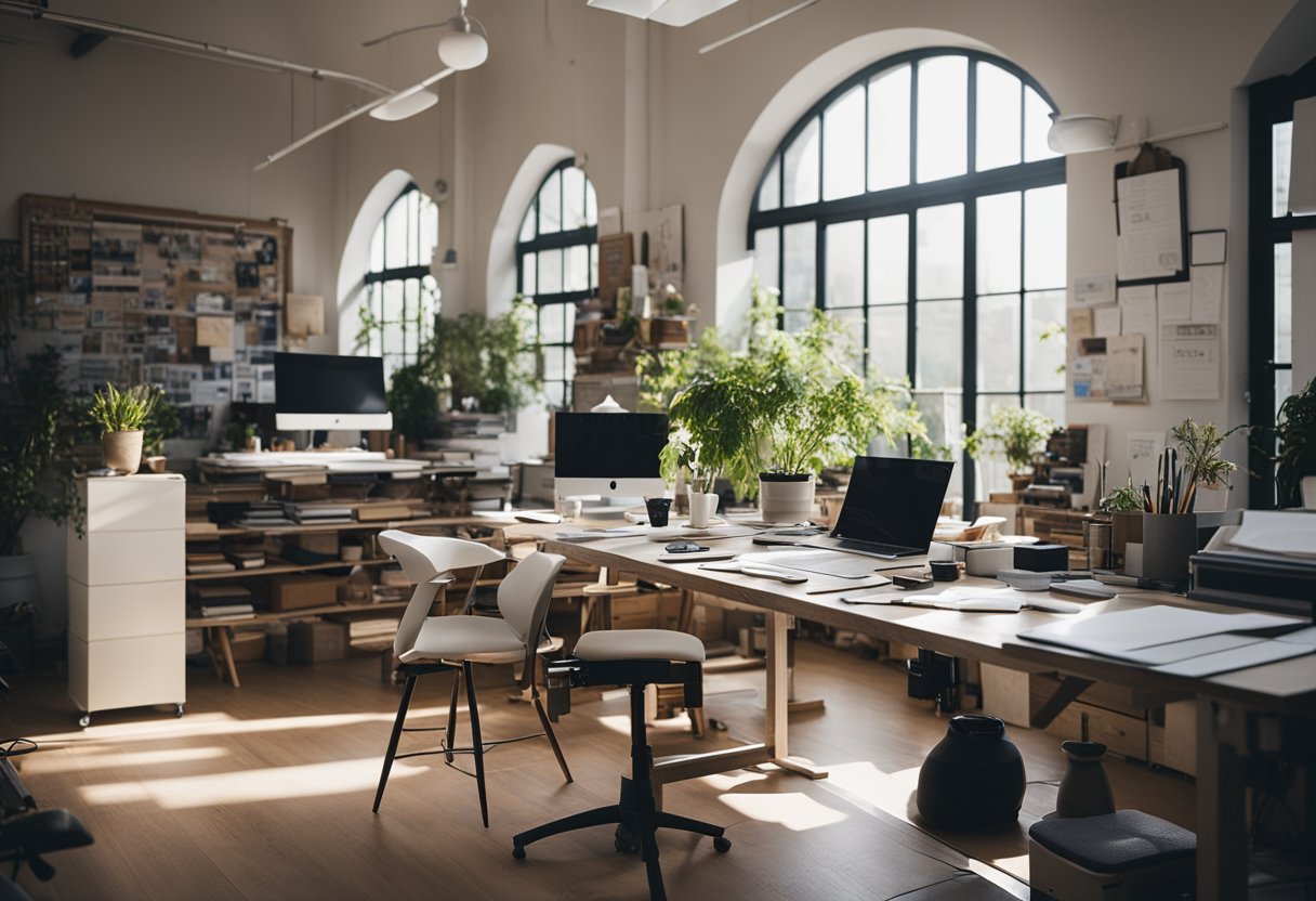 An open studio with drafting tables, mood boards, and design software. Natural light floods the space, creating a vibrant and creative atmosphere