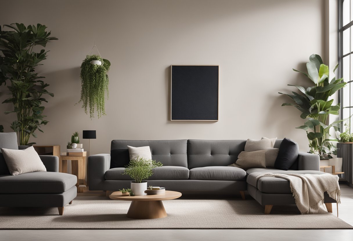 A modern living room with sleek furniture, neutral colors, and natural lighting. A cozy rug and indoor plants add warmth to the minimalist design