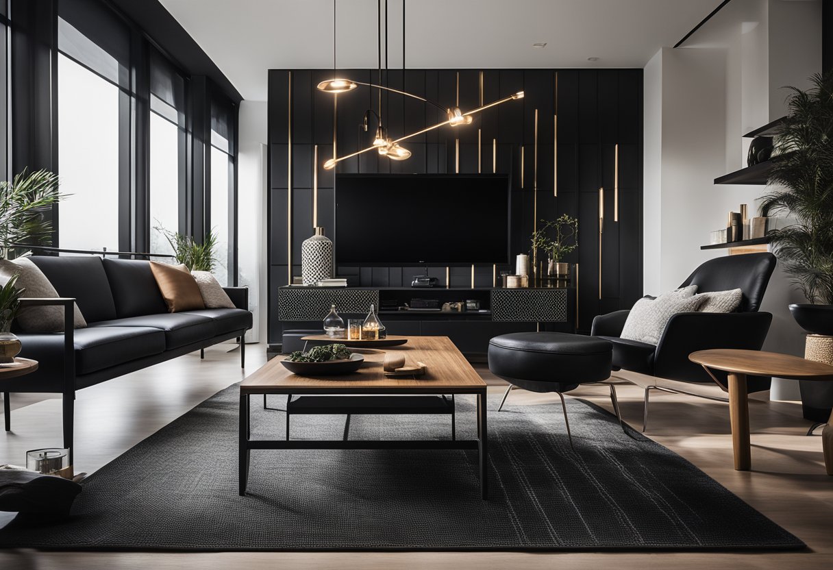 A sleek, modern wood and black interior design with clean lines and minimalist furniture, accented by pops of metallic and glass elements