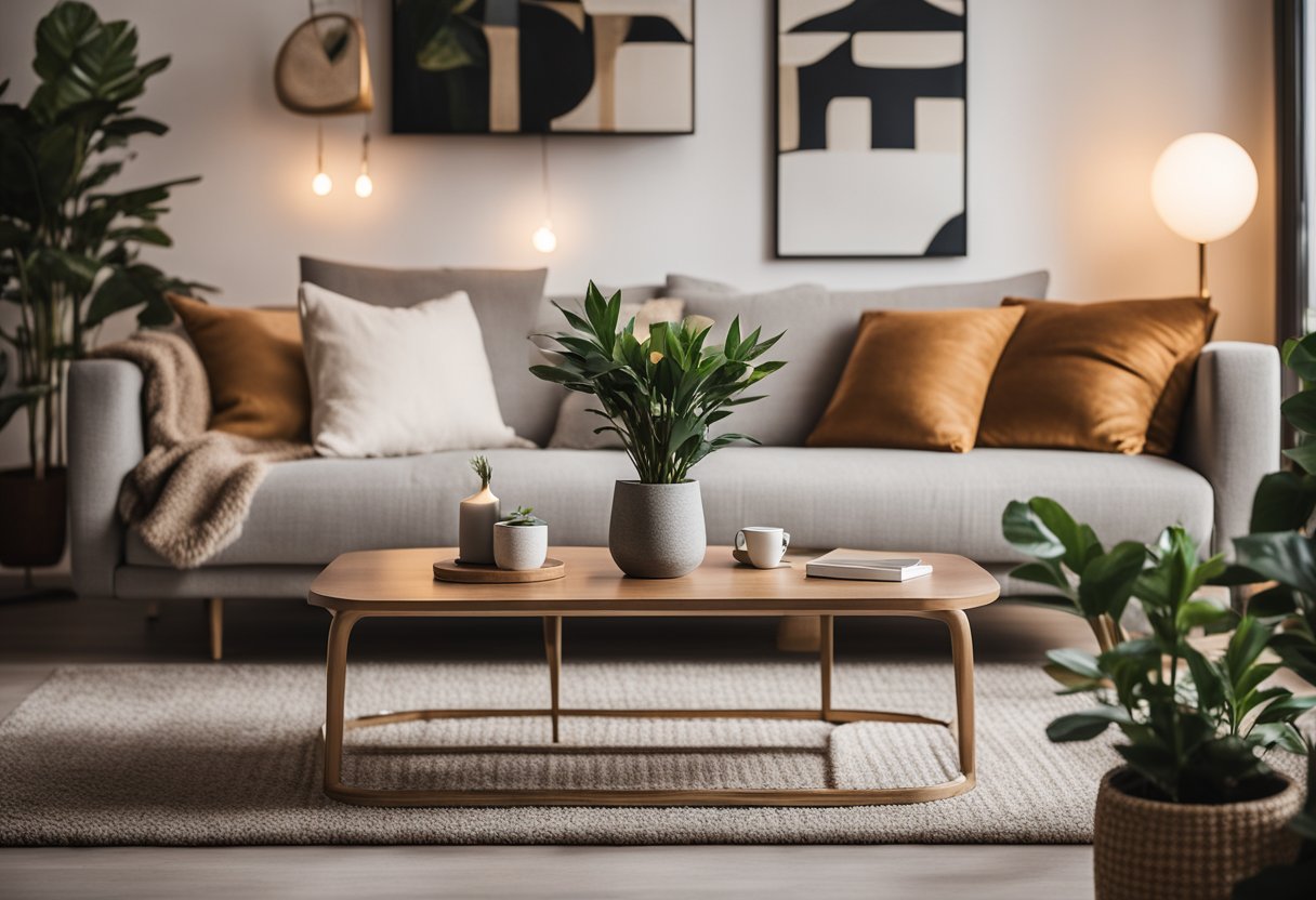 A cozy living room with a modern sofa, warm lighting, and decorative wall art. A sleek coffee table sits in the center, surrounded by plush rugs and potted plants
