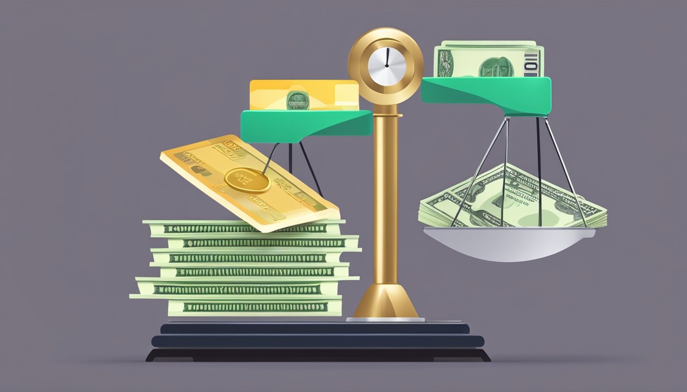 A scale with a credit card on one side and a stack of cash on the other, representing the choice between balance transfer and personal loan