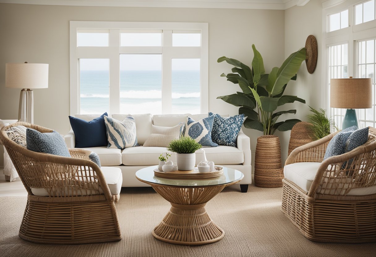 A beach house interior with rattan furniture, nautical accents, and textured textiles in a neutral color palette
