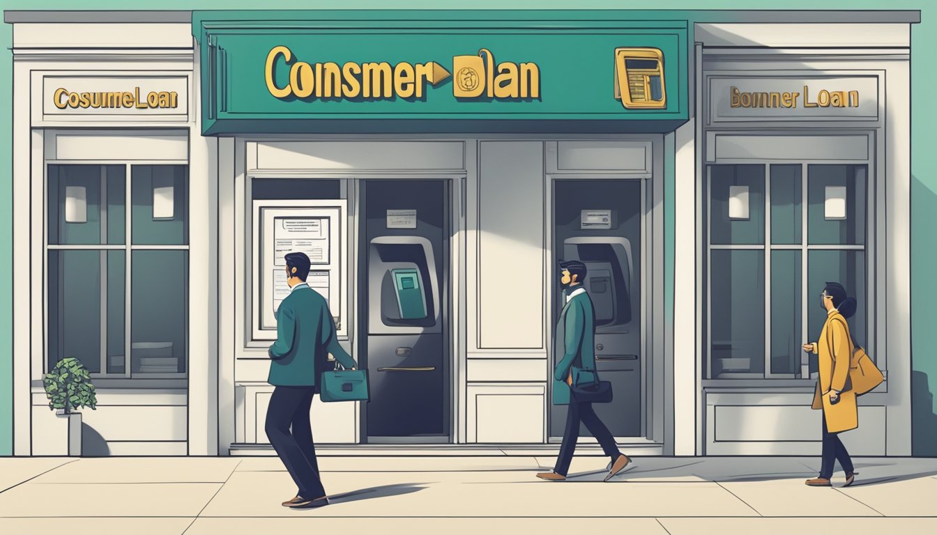 A person walking into a bank, looking at two different signs labeled "consumer loan" and "personal loan" with a banker explaining the differences