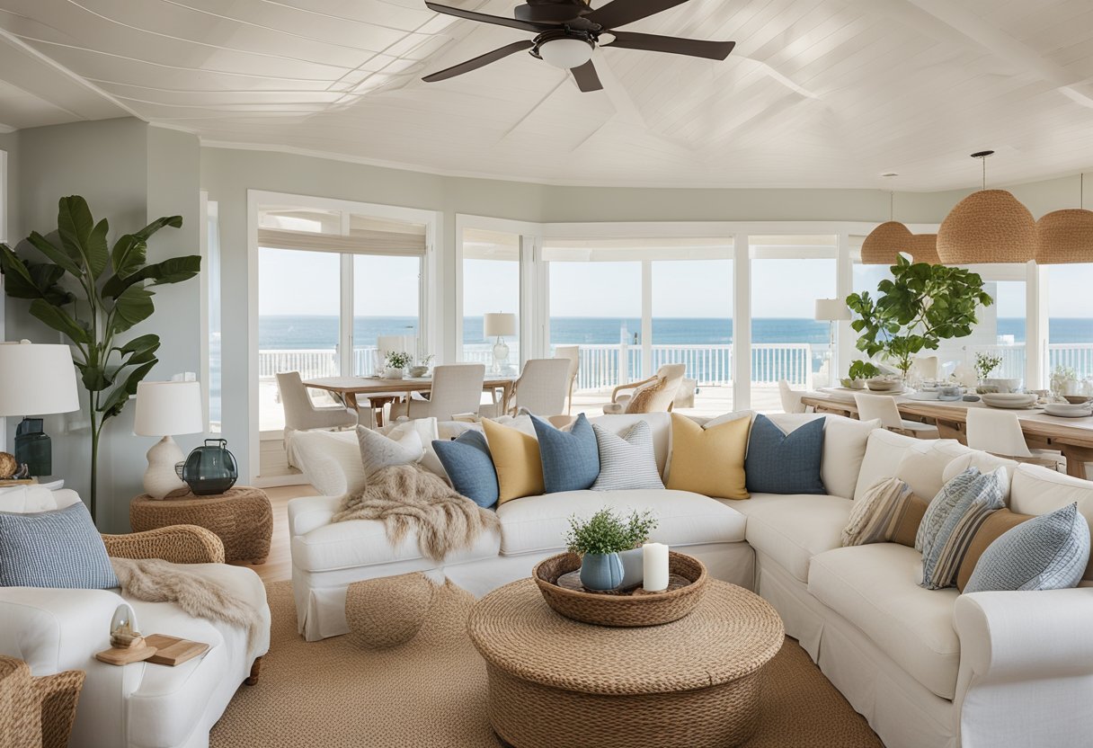 A cozy beach house interior with light, airy colors, natural textures, and nautical accents. Open floor plan with plenty of natural light and a relaxed, casual vibe
