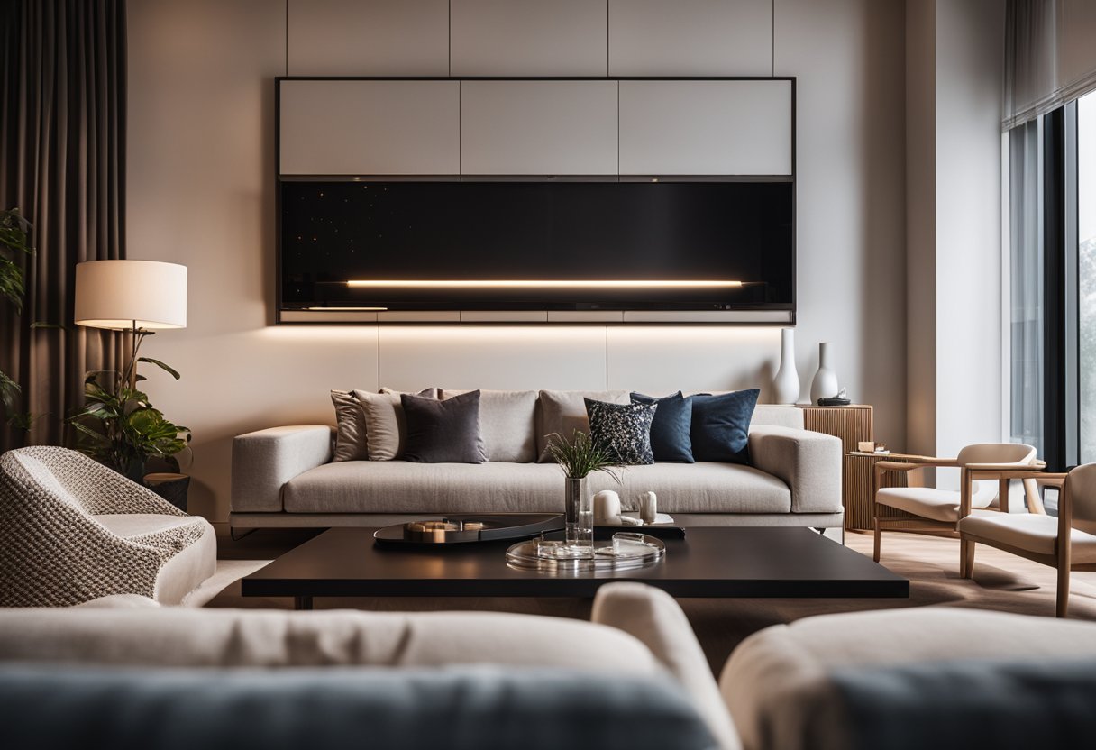 A cozy living room with modern furniture and warm lighting, featuring a stylish coffee table and a sleek entertainment unit