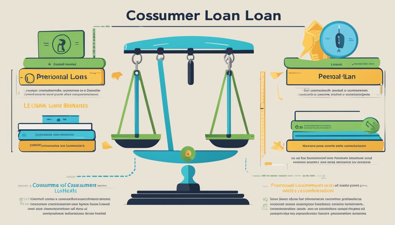 A scale with "consumer loan" on one side and "personal loan" on the other, with features and terms listed on each side