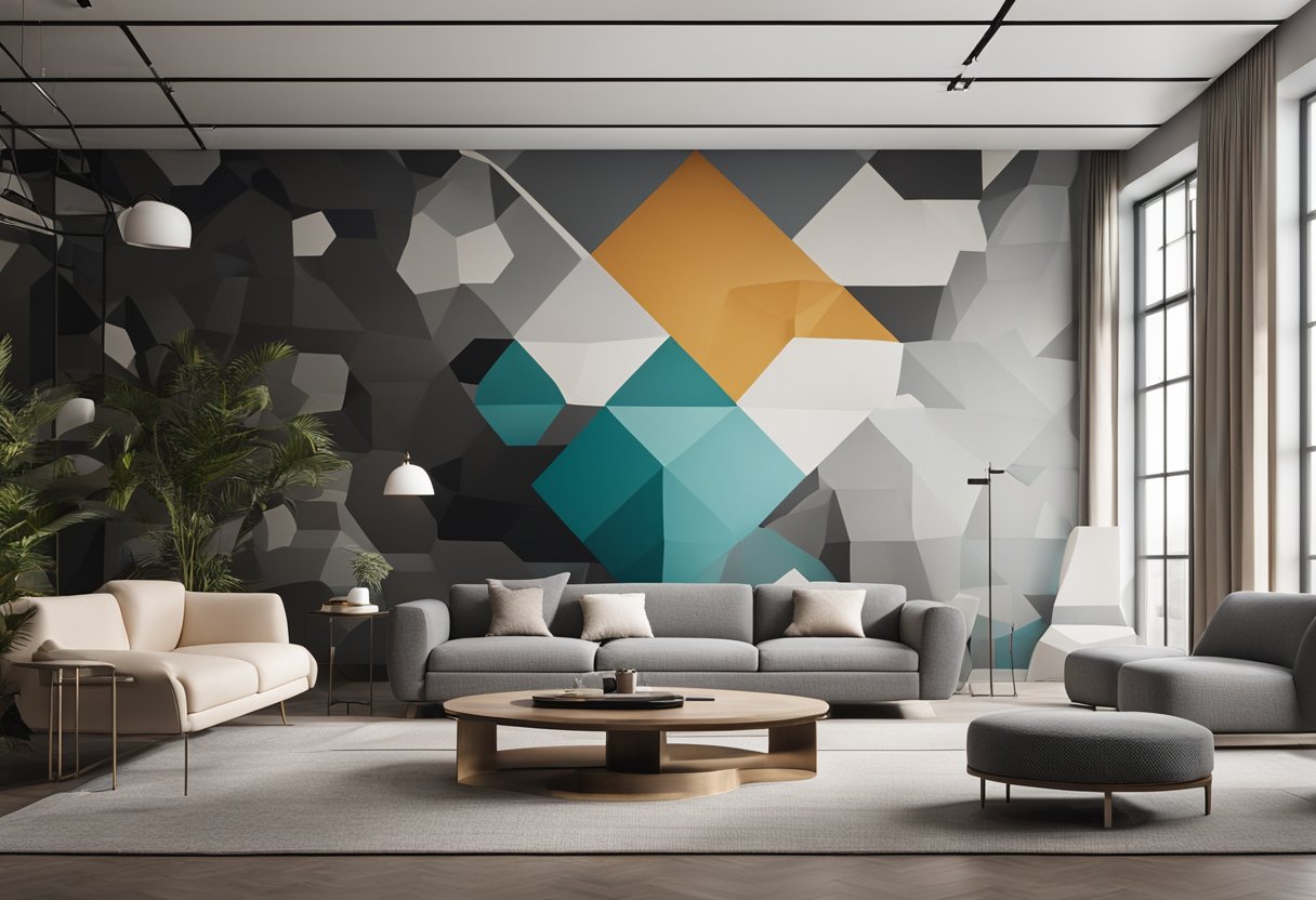A modern, sleek interior with clean lines, minimalist furniture, and pops of color. A large wall adorned with a bold, geometric mural adds visual interest to the space
