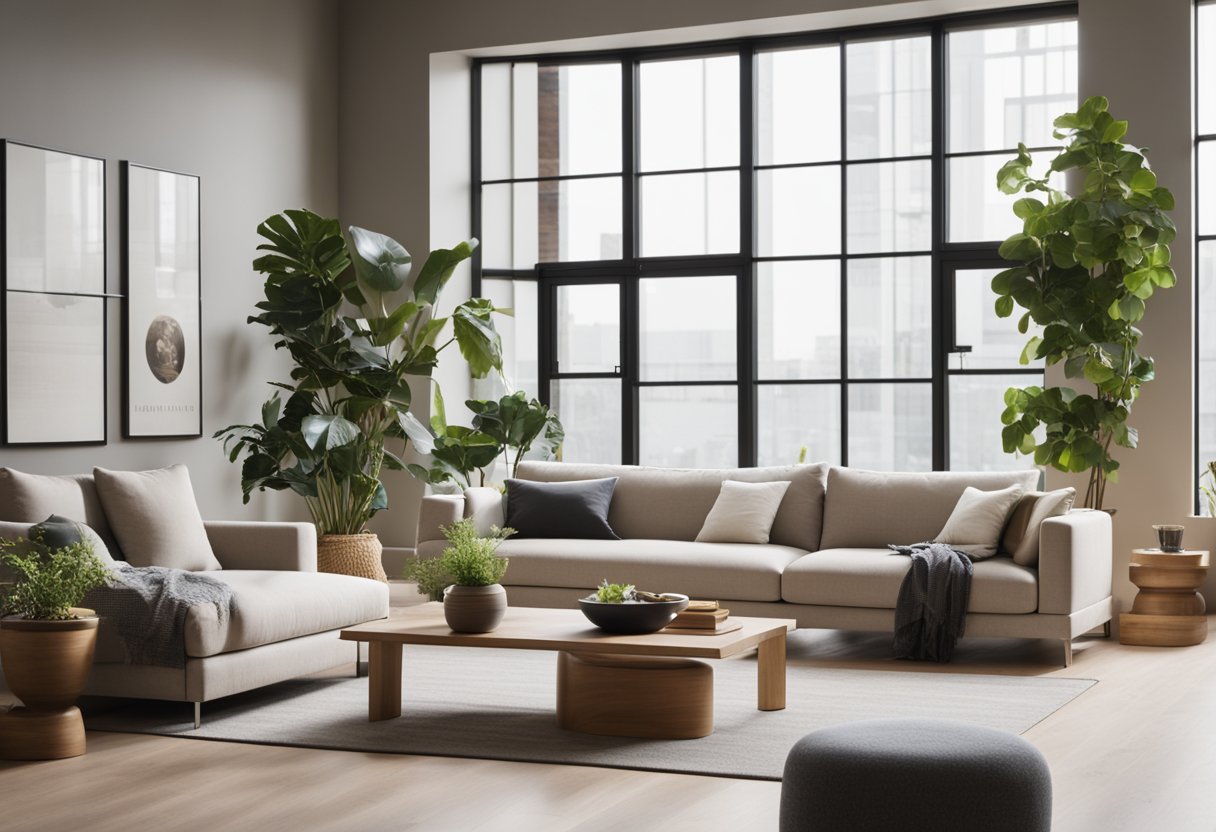 A modern living room with minimalist furniture, neutral colors, and natural materials. Large windows allow ample natural light, and indoor plants add a touch of greenery
