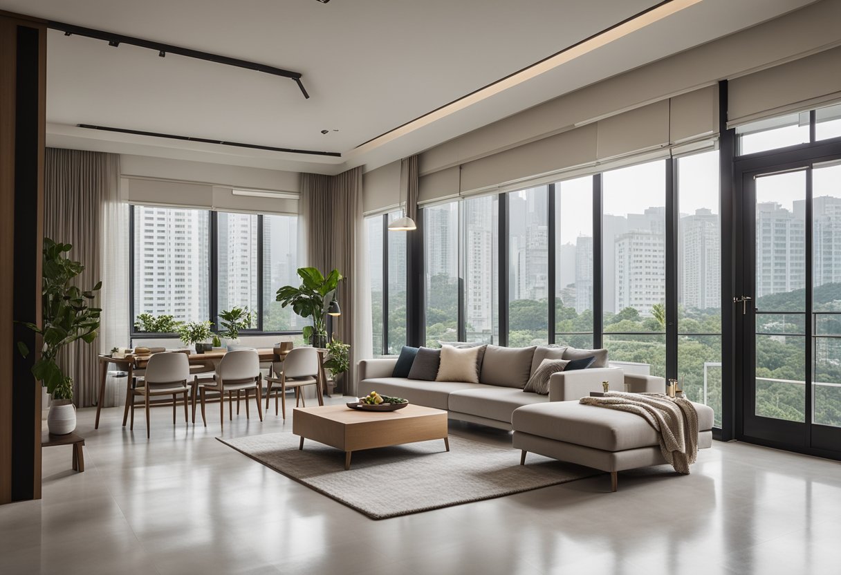 A spacious HDB living room with clean lines, neutral colors, and minimal furniture. Large windows let in natural light, highlighting the simple yet elegant design