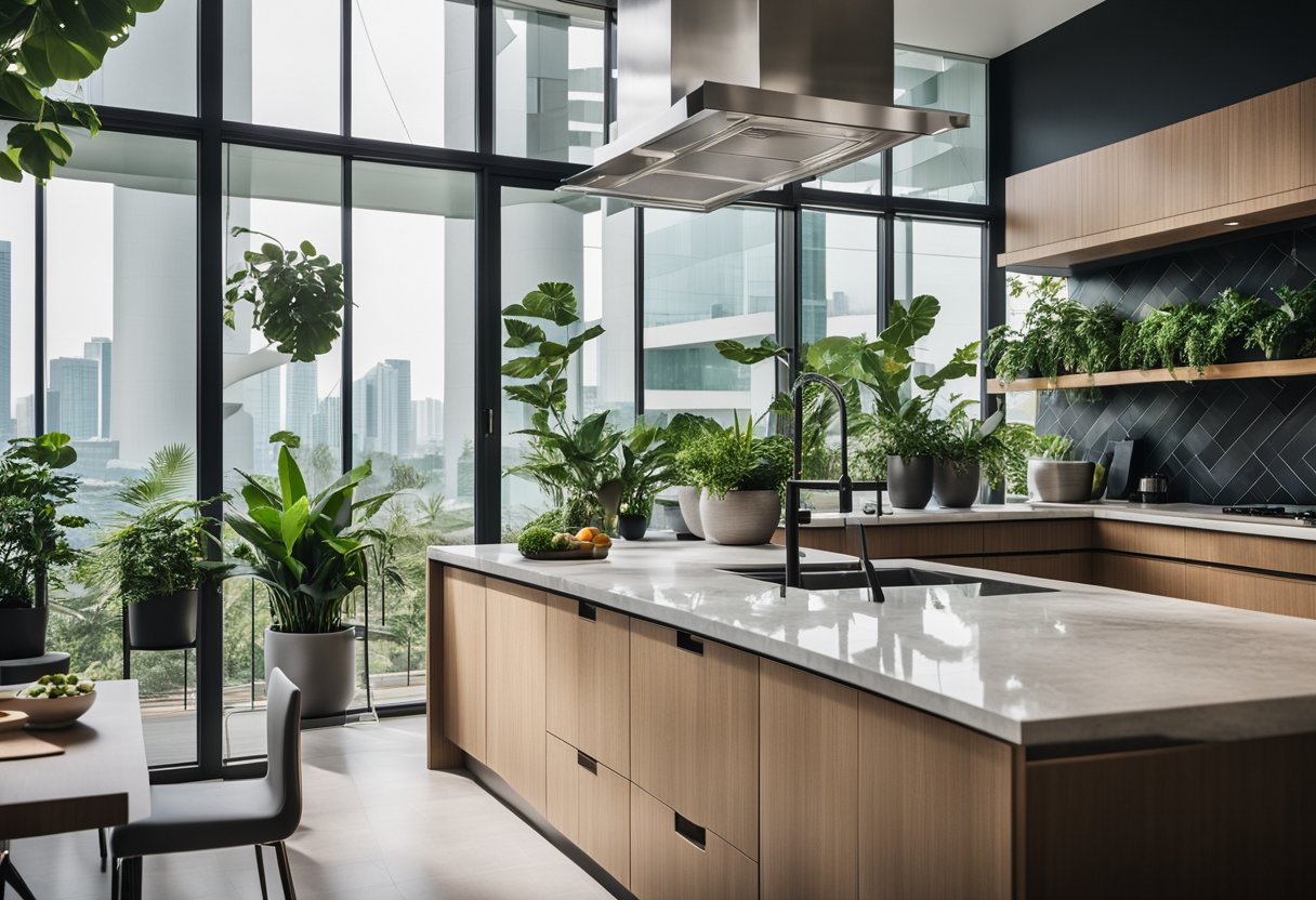 A modern kitchen in Singapore with sleek cabinets, marble countertops, and a large island with a built-in stove. The space is filled with natural light from the floor-to-ceiling windows, and there are potted plants adding a touch of greenery