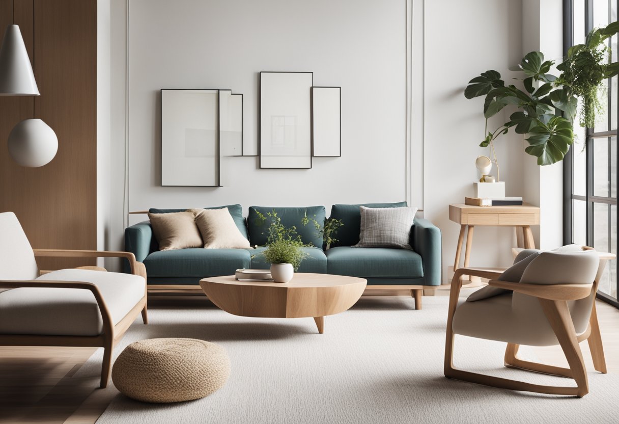 Sleek, minimalist furniture in a bright, airy space with natural materials and pops of color. Clean lines and organic textures create a modern, inviting atmosphere