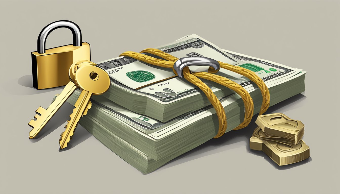 A stack of cash and a house deed sit on a table, while a padlock and key symbolize security