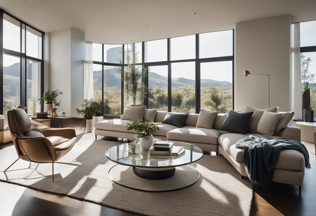 A modern living room with a sleek sofa, coffee table, and abstract art on the wall. Natural light streams in through large windows, illuminating the space