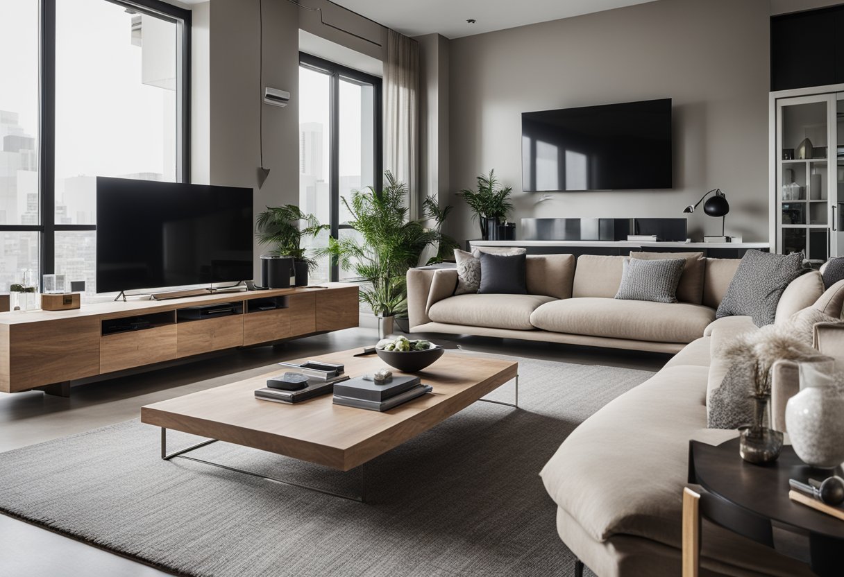 A modern living room with a minimalist design, featuring clean lines, neutral colors, and a combination of natural and industrial materials