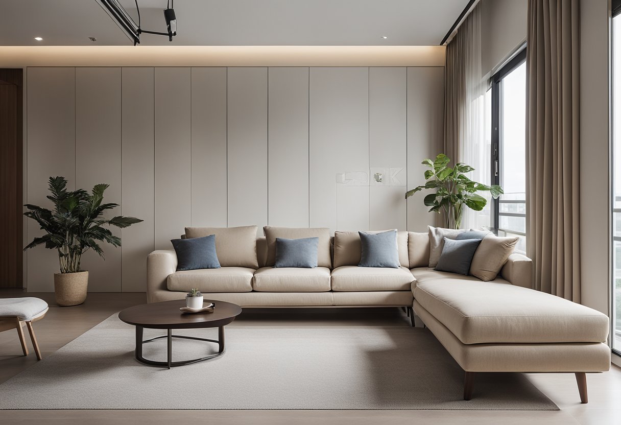 A spacious HDB living room with clean lines, neutral colors, and minimal furniture. Natural light floods the room, highlighting the simplicity and functionality of the minimalist design