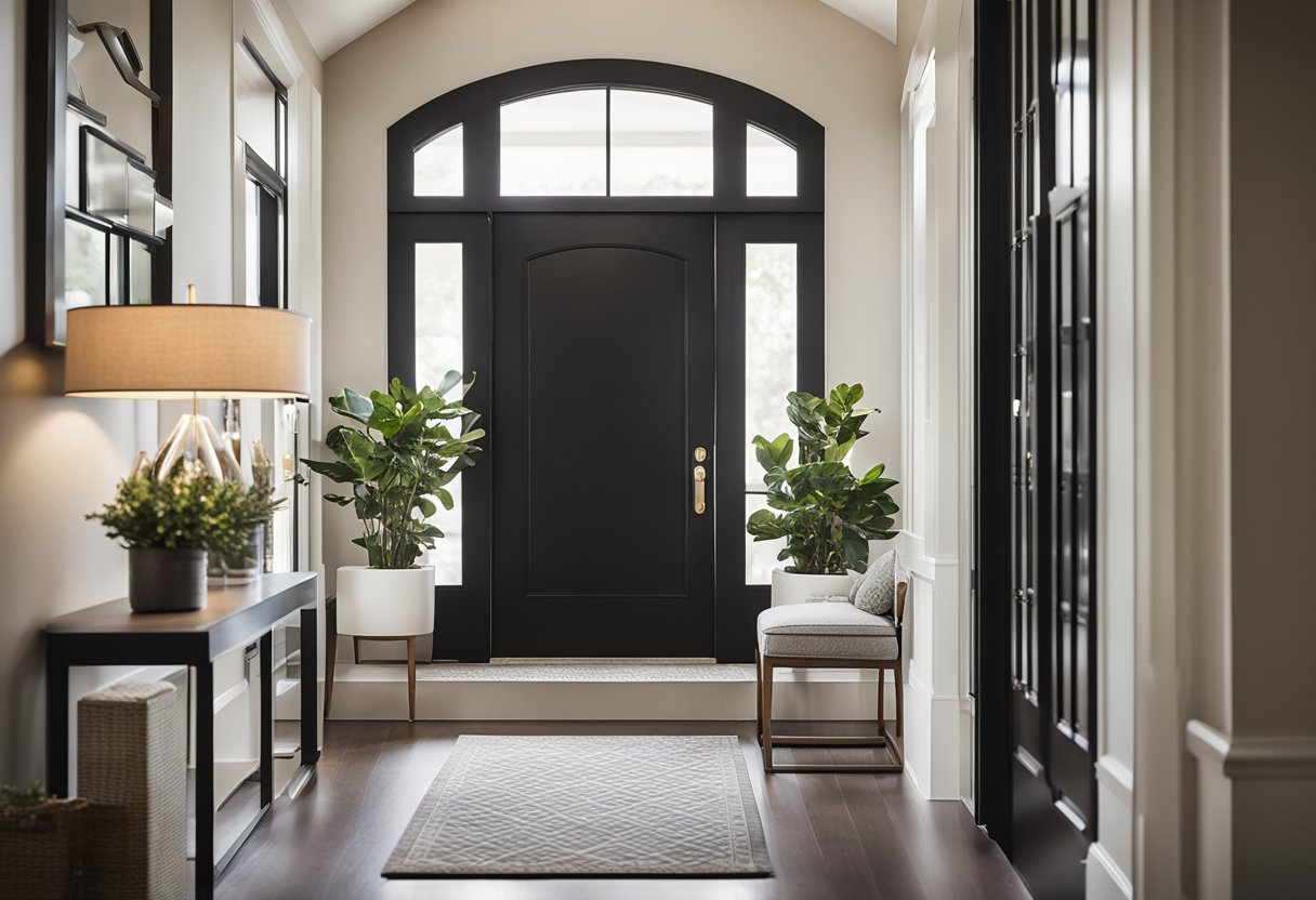 A welcoming home entrance with a sleek modern design, featuring a statement light fixture, a cozy seating area, and a stylish console table with decorative accents