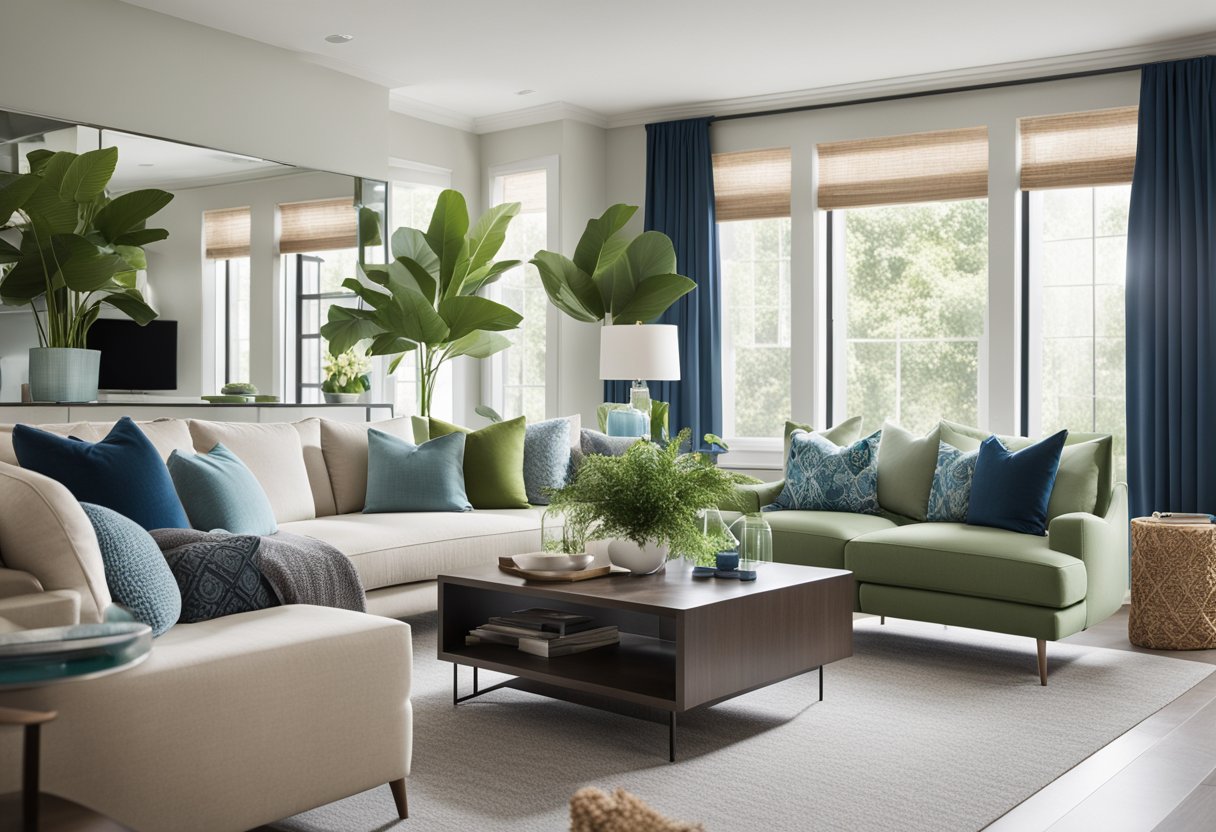 A modern living room with sleek furniture, natural light, and minimalist decor. A neutral color palette with pops of green and blue accents