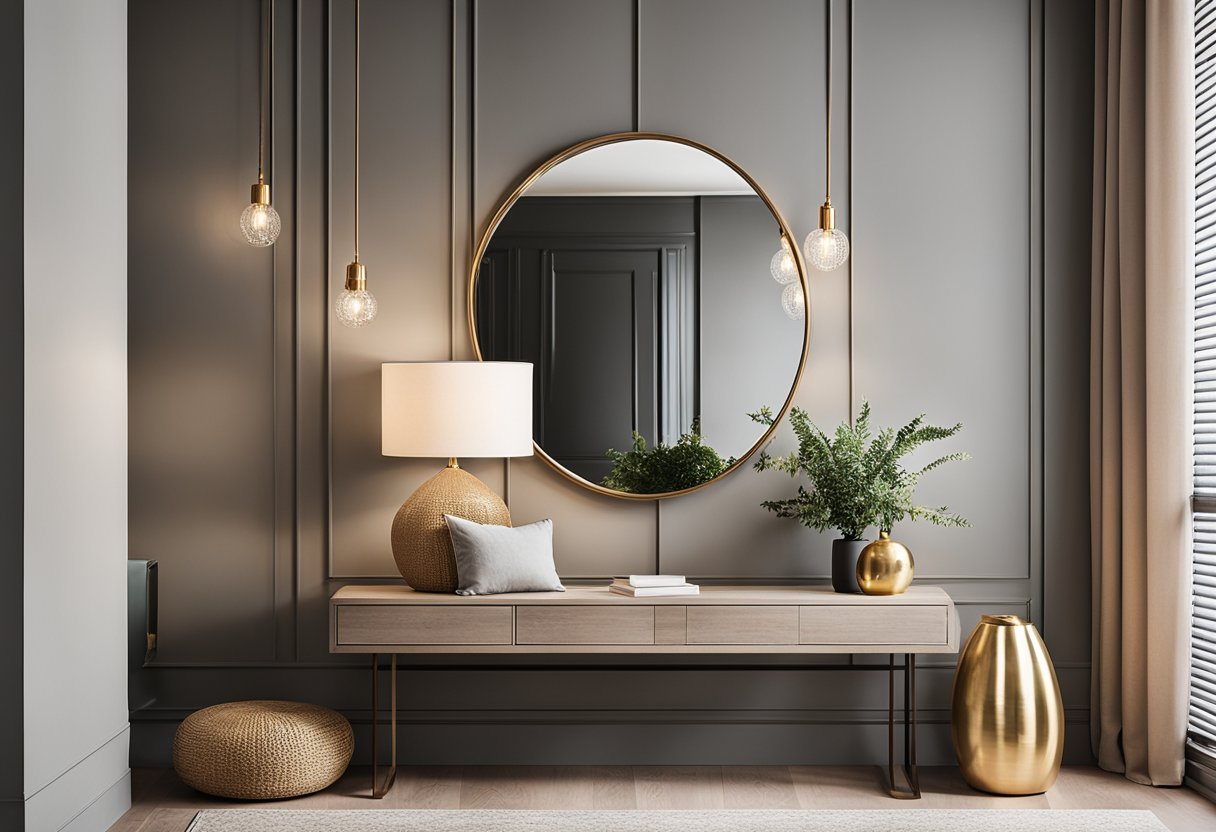A stylish entryway with a sleek console table, a large statement mirror, a chic pendant light, and a cozy bench with decorative pillows