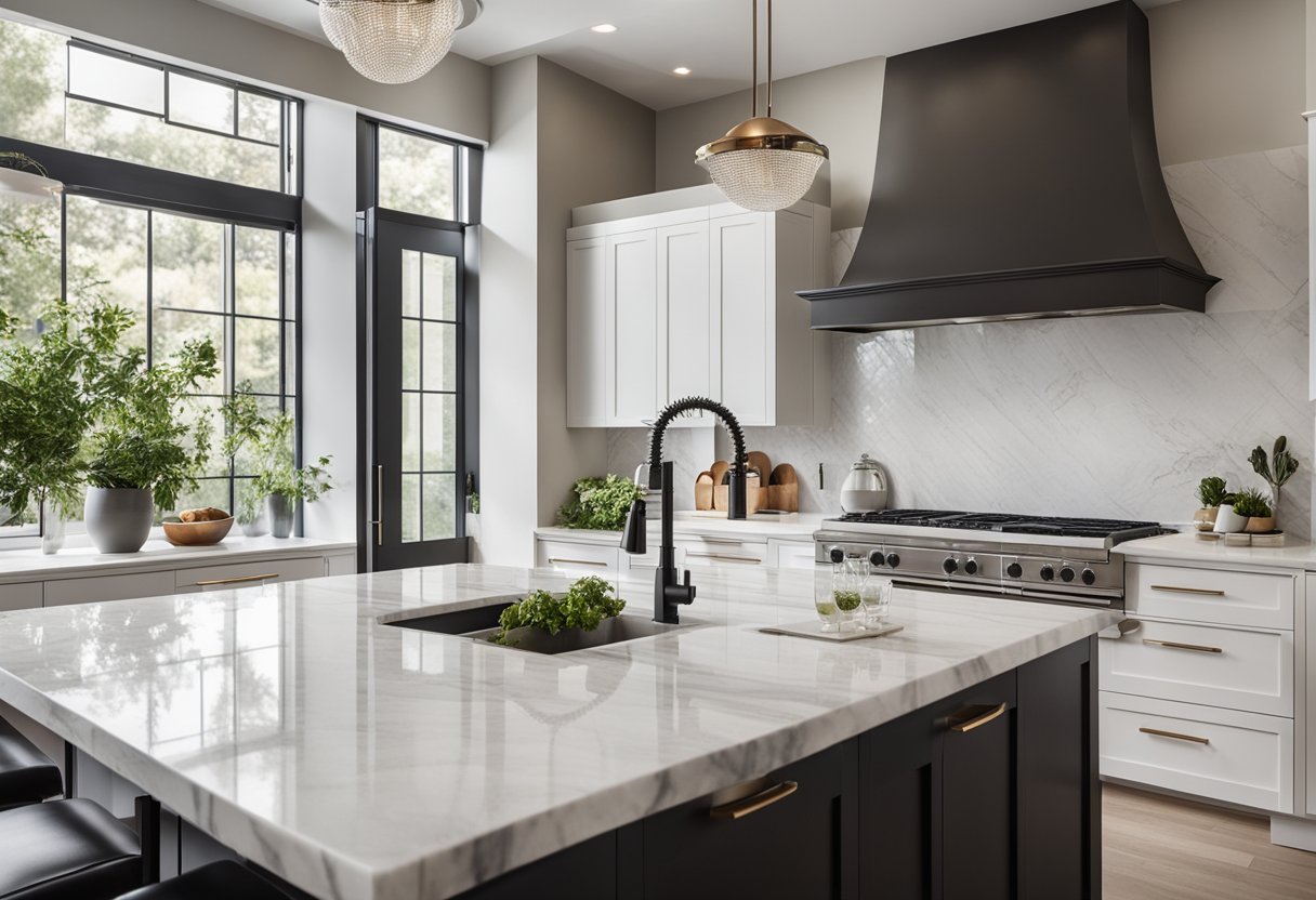 A modern, sleek kitchen with high-end appliances, marble countertops, and ample natural light streaming in through large windows