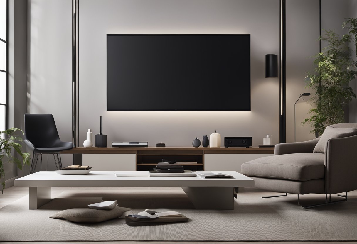 Modern, minimalist living space with integrated technology. Smart home devices blend seamlessly with sleek furniture and clean lines, creating a seamless and functional living environment