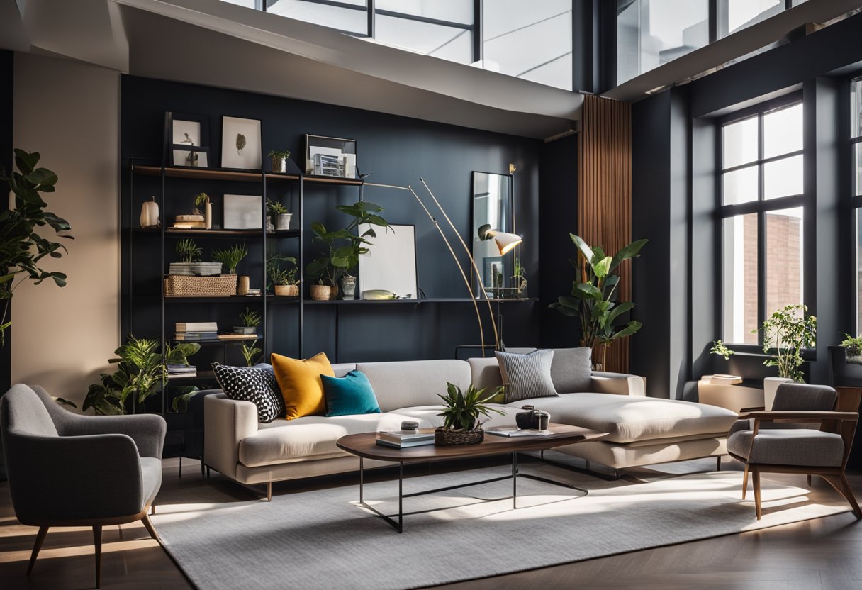 A modern, sleek interior design showcase with clean lines, vibrant colors, and stylish furniture. The space is well-lit, with large windows and a minimalist aesthetic