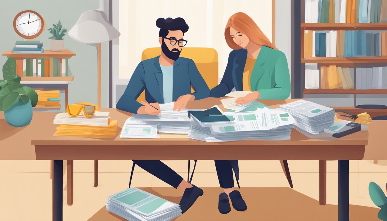 A person compares different loan options, with a secured loan and a personal loan on a table, surrounded by financial documents