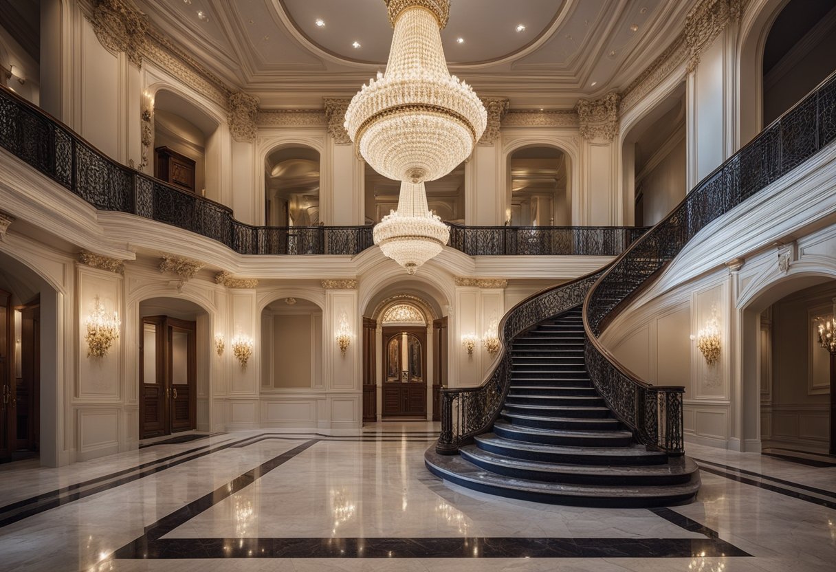A grand foyer with high ceilings, a sweeping staircase, and elegant chandeliers. The walls are adorned with intricate moldings and the floors are made of polished marble