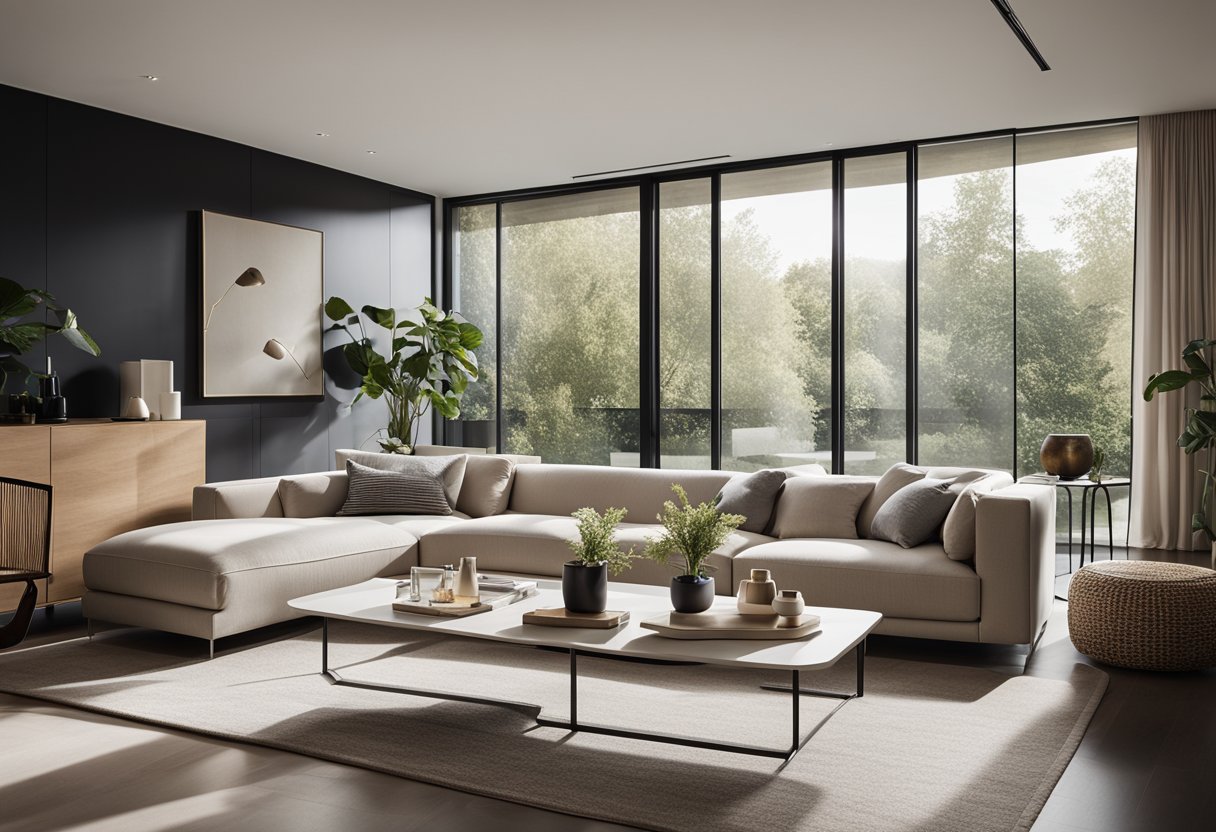 A sleek, modern living room with clean lines, neutral colors, and minimal furniture. Large windows let in natural light, creating a serene and uncluttered space