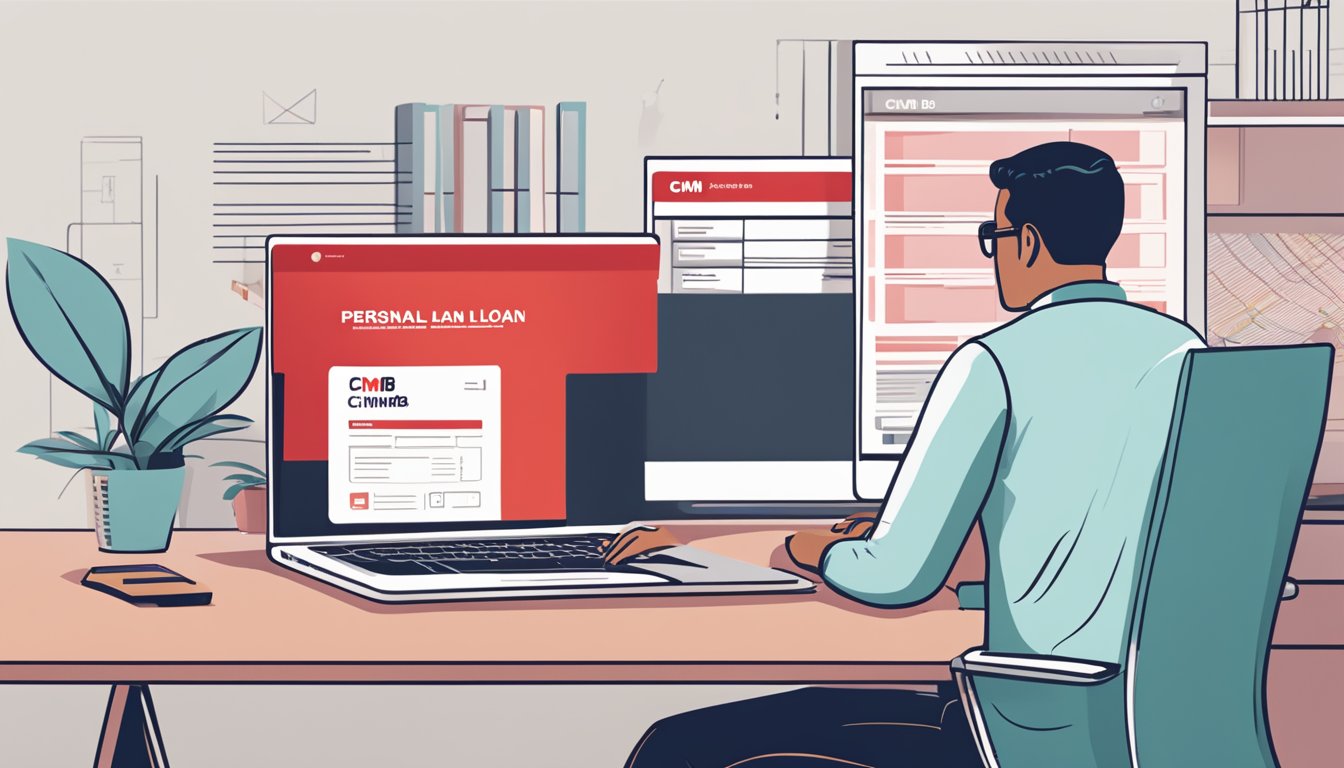 A person sitting at a desk, filling out a CIMB personal loan application form with a pen, while a laptop displaying the CIMB website is open in front of them