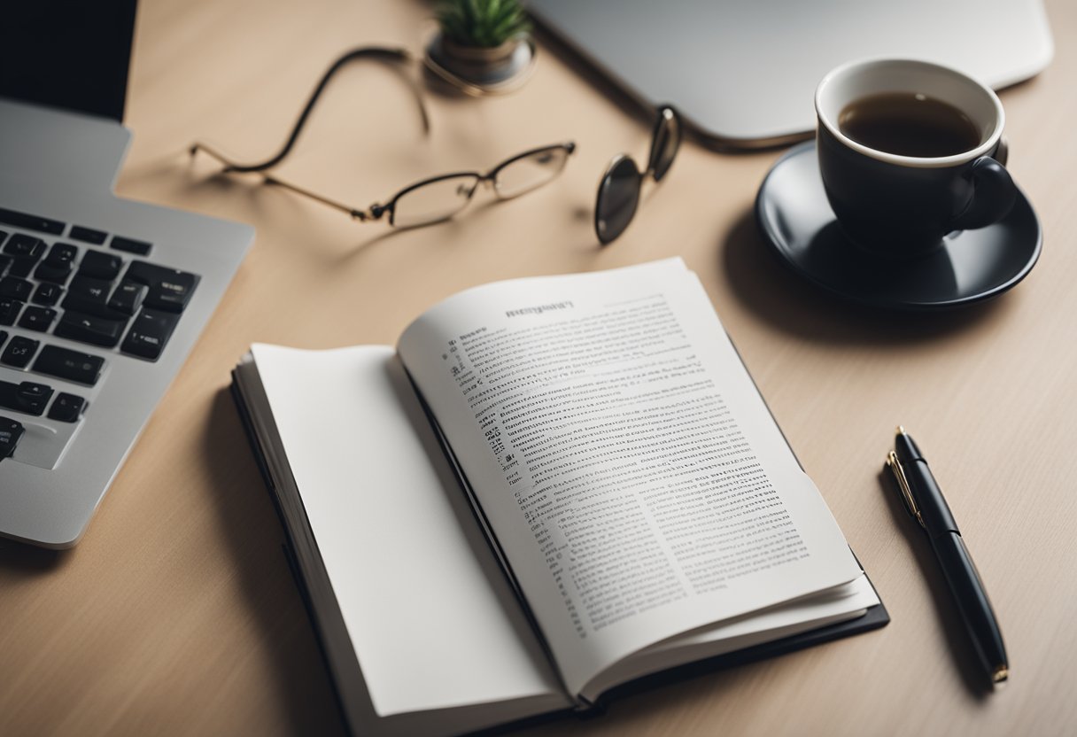 An open book with "Frequently Asked Questions about Interior Design" on a clean, modern desk with a computer and stylish decor