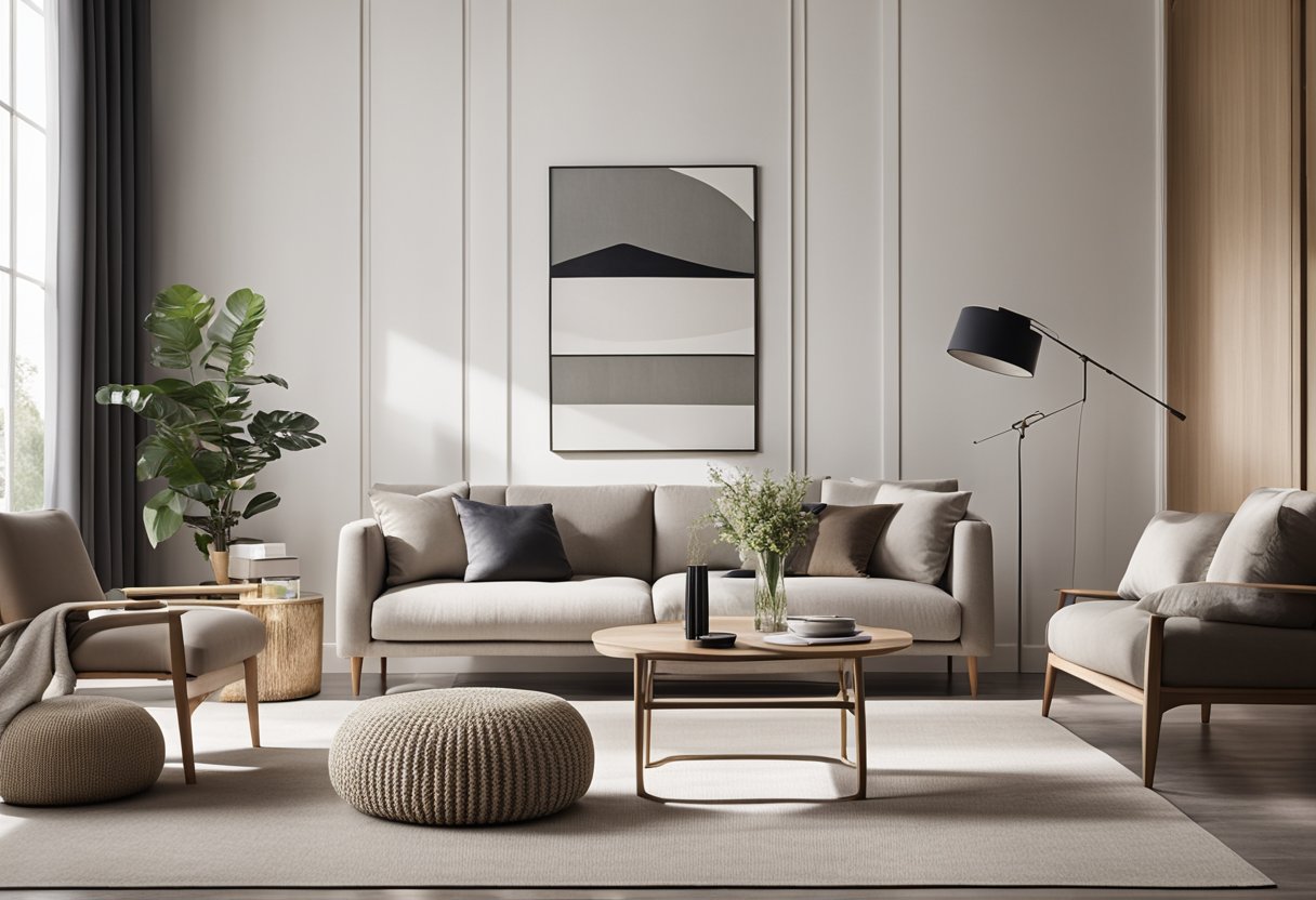 A modern living room with minimalist furniture, neutral color palette, and natural light. Geometric patterns and textured accents add visual interest