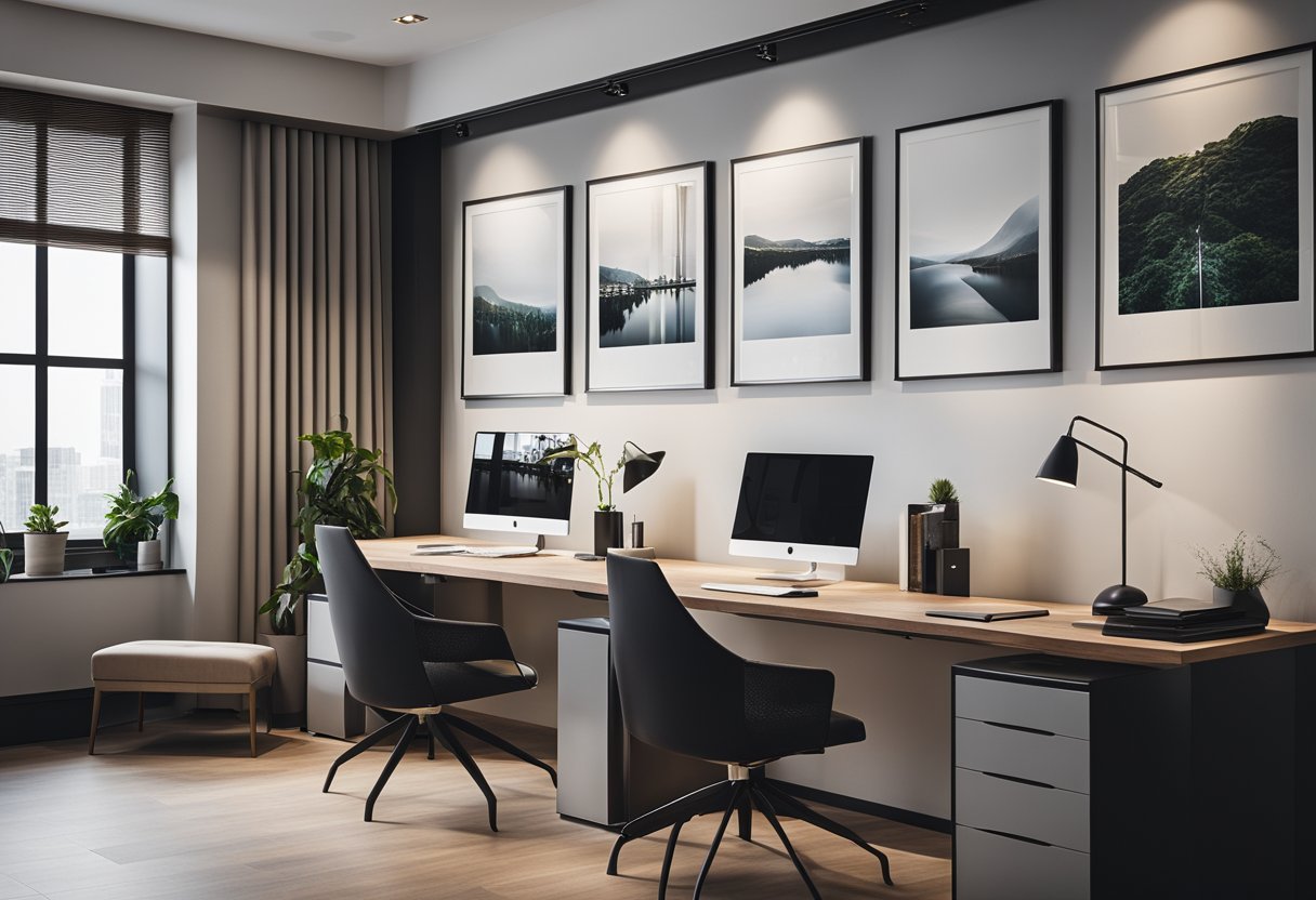 A sleek, modern office space with a clean desk, stylish furniture, and a wall adorned with beautifully framed interior design portfolio samples