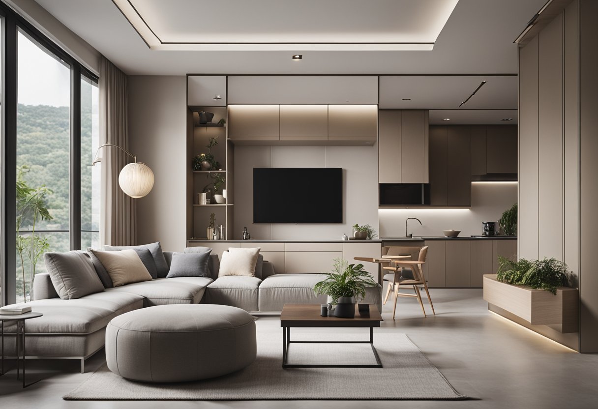 A clean, modern HDB interior with minimalist decor, neutral color palette, and sleek furniture. Open space with natural light and simple, functional design elements