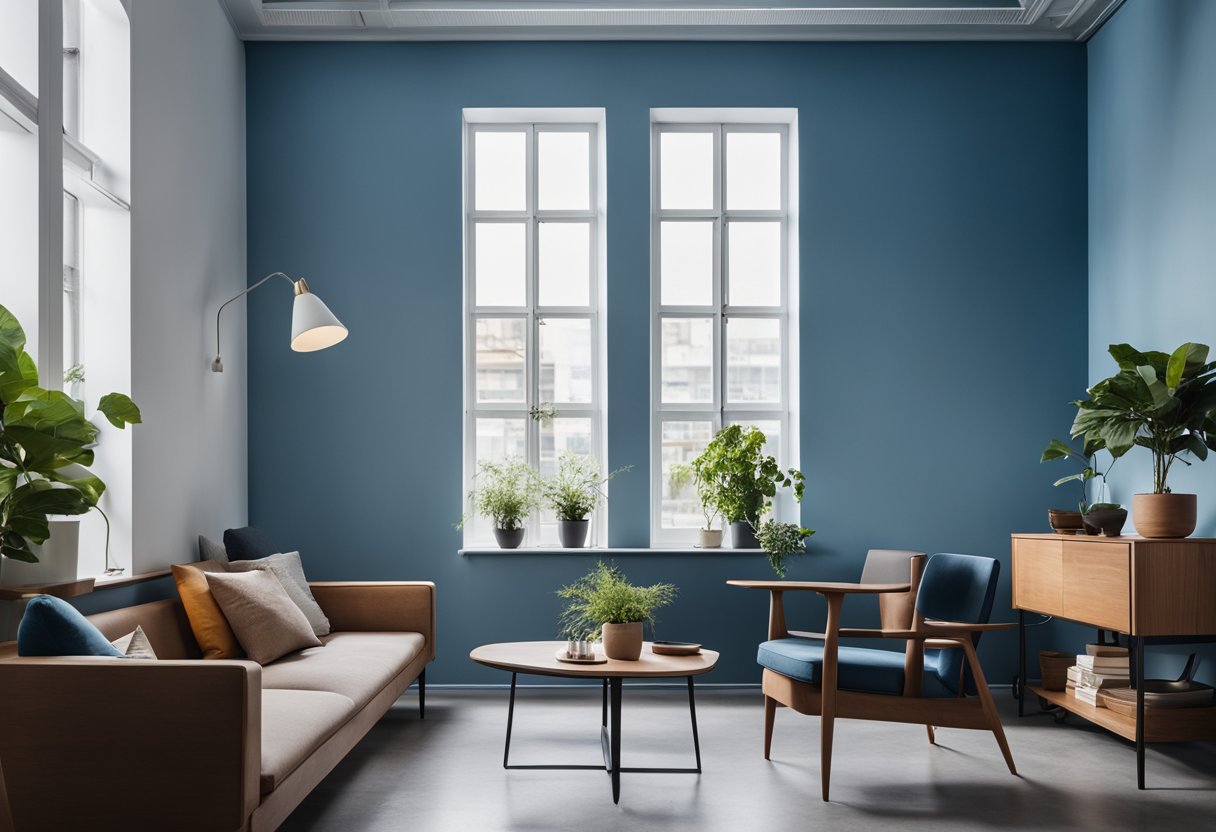 A blue wall with modern decor, clean lines, and minimal furniture. Light streams in from a large window, casting a serene atmosphere