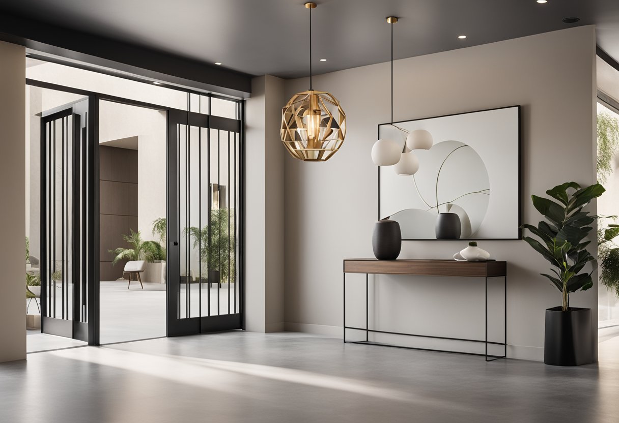 A modern, minimalist entrance with a sleek console table, geometric wall art, and a statement pendant light. Clean lines, neutral colors, and a welcoming atmosphere