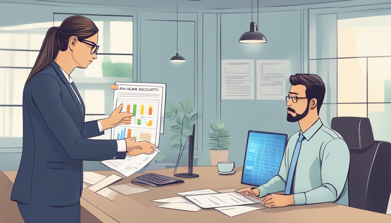 A bank employee explains loan security to a customer, using visual aids and charts to illustrate the concept