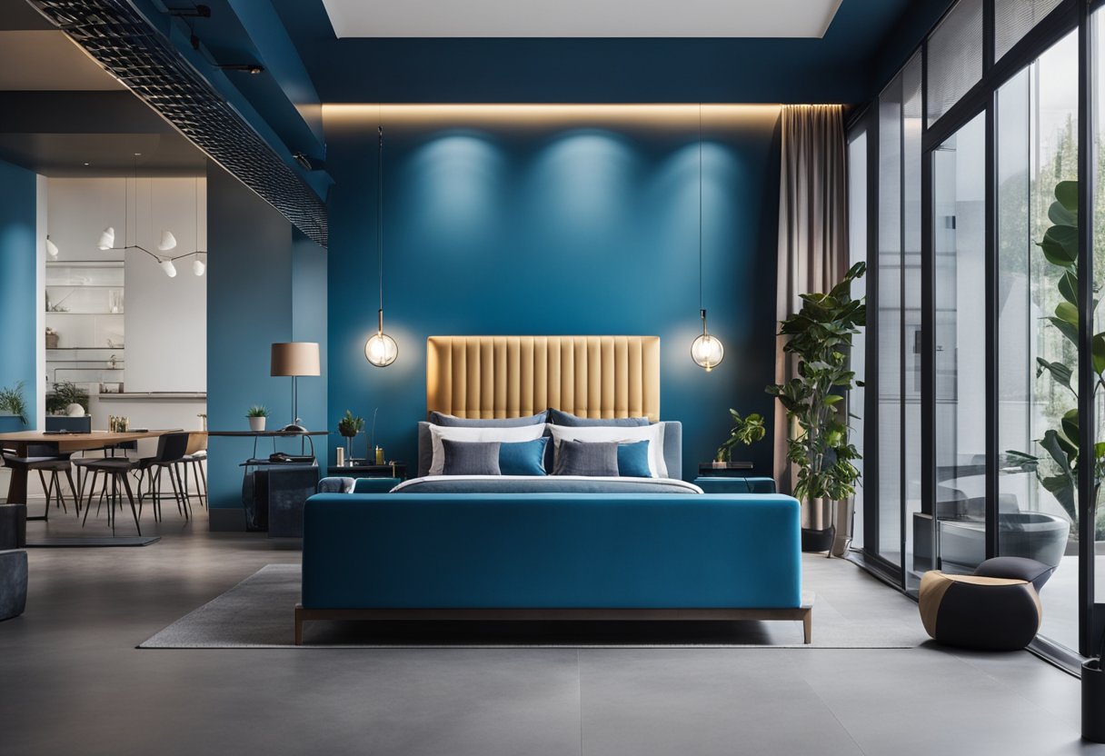 A modern blue wall interior design with clean lines and minimal decor. A pop of color with a vibrant artwork or decorative piece