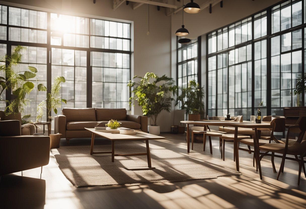 A well-lit room with natural light streaming through large windows, casting soft shadows on the furniture and creating a warm, inviting atmosphere