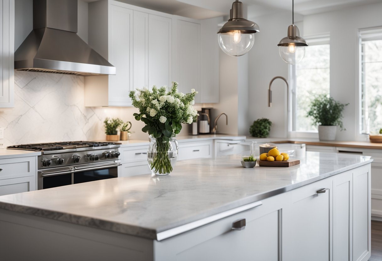 A modern, minimalist kitchen with sleek, white cabinets, marble countertops, and stainless steel appliances. The space is well-lit with natural light and features a cozy dining area