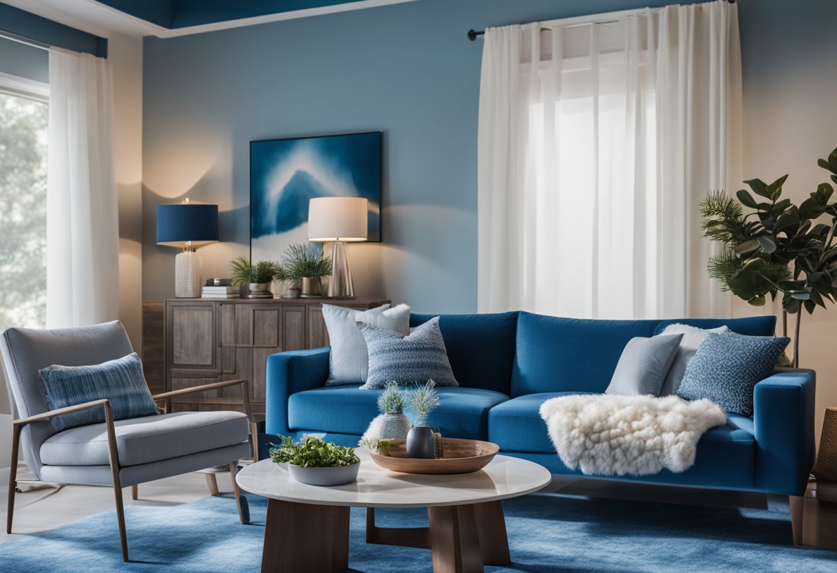 A cozy living room with a blue accent wall, adorned with modern furnishings and decorative accessories in shades of blue