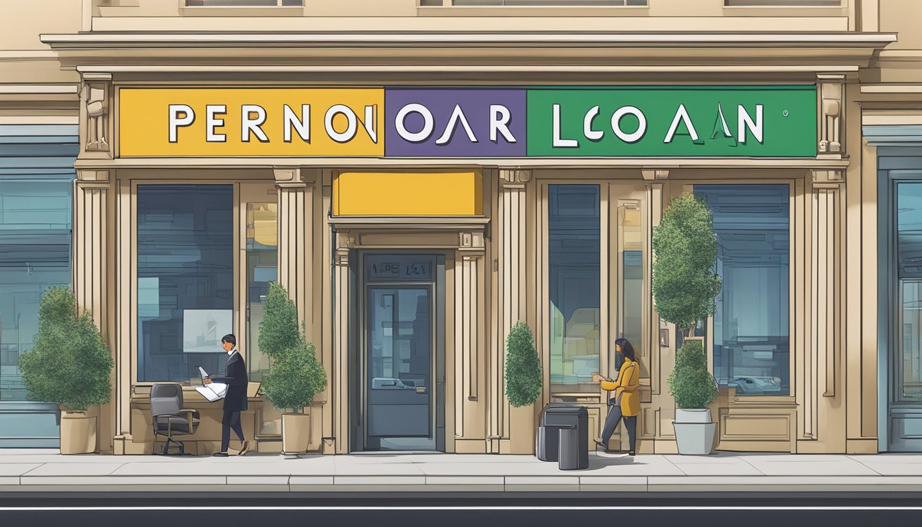 A bank sign with "Personal Loan" in bold letters, a teller window, and a customer filling out paperwork