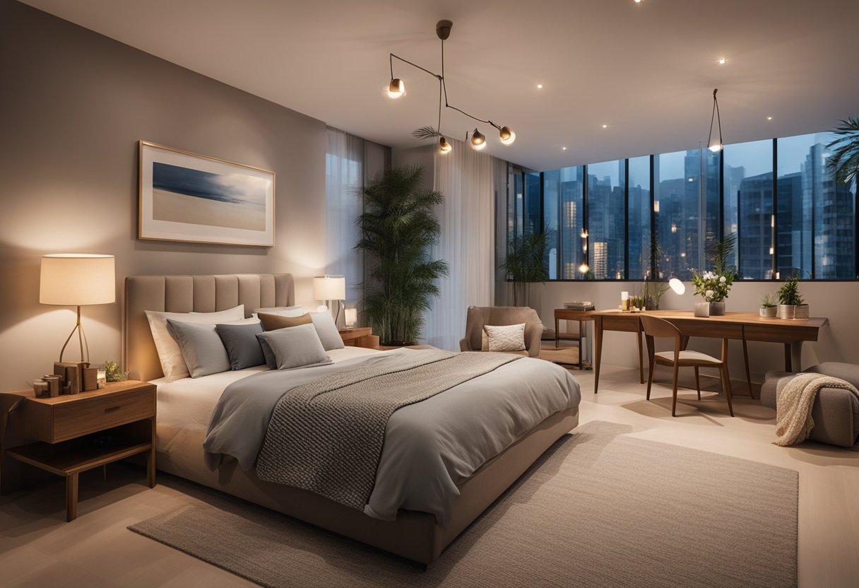 A well-lit room with natural and artificial light sources, casting soft and warm illumination on furniture and decor, creating a cozy and inviting atmosphere