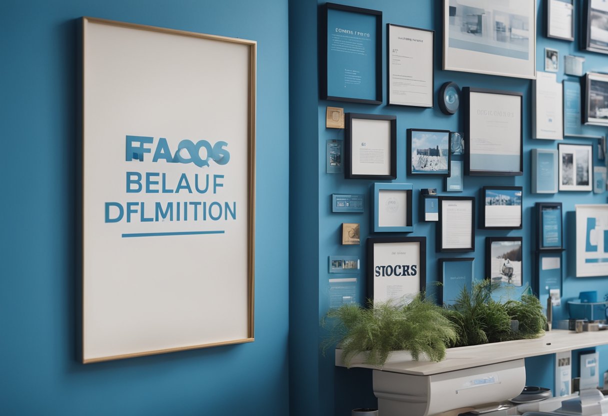 A bright blue wall adorned with various framed FAQs in a modern interior setting