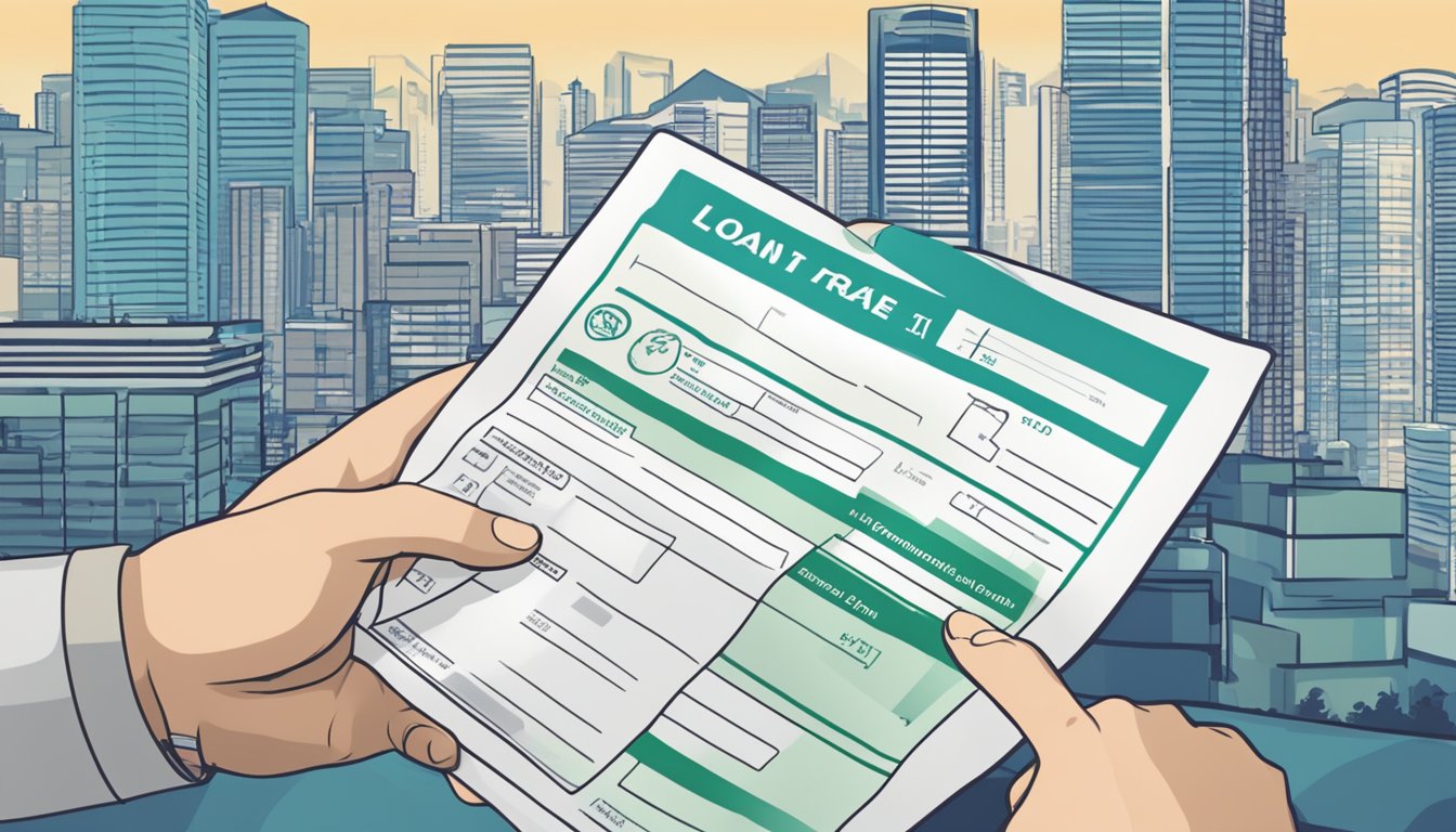 A hand reaches out to grab a personal loan application form with "lowest rate" prominently displayed. The background shows a Singaporean skyline