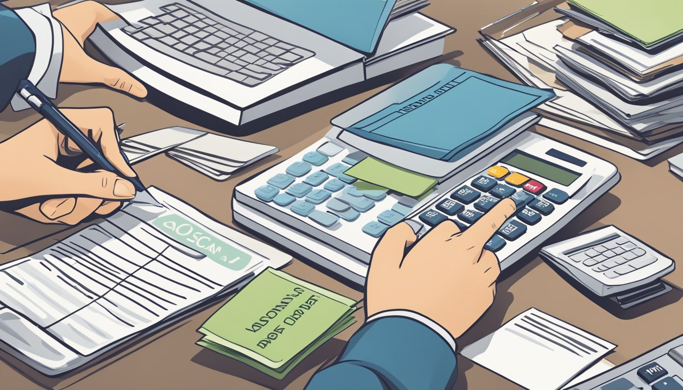 Multiple credit cards and loan statements are stacked on a desk, while a calculator and pen are nearby. A person's hand is seen signing a document labeled "personal loan consolidation."