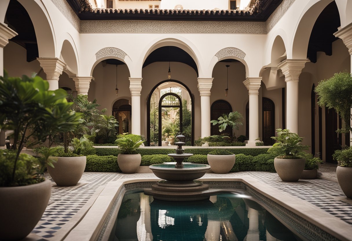 The interior courtyard features a tranquil garden with a flowing water feature, surrounded by elegant archways and intricate tile work